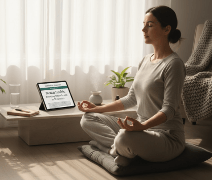 Person practicing breathing exercises near a window